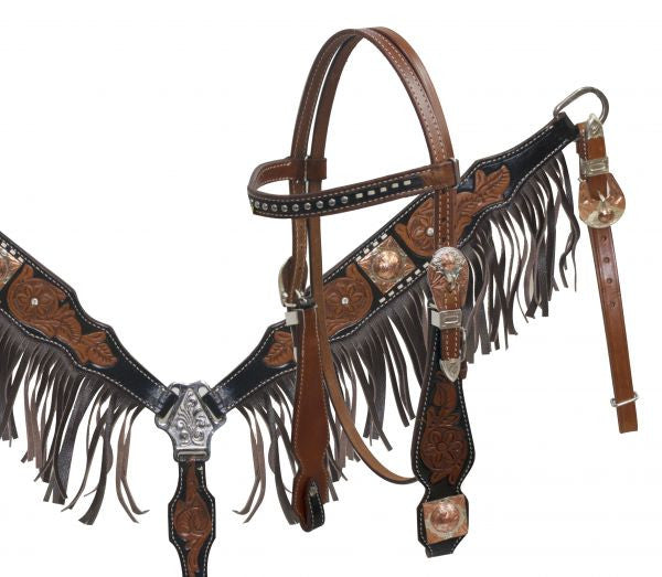Showman ® Black Leather Headstall and Breastcollar Set with Leather Fringe
