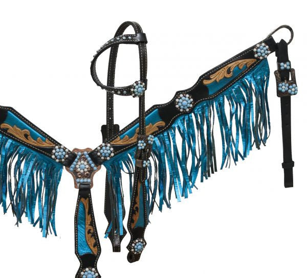 Showman ® Black leather headstall and breast collar set with metalic blue fringe and inlays