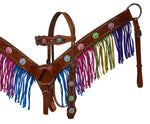 Showman ® Medium leather headstall and breast collar with mulit colored fringe and painted flowers