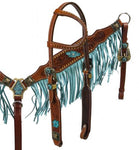 Showman ® Argentina cow leather turquoise fringe headstall and breast collar set