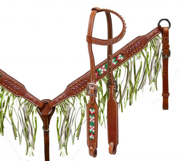 Showman ® Medium leather headstall and breast collar set with beaded inlay and metallic lime fringe