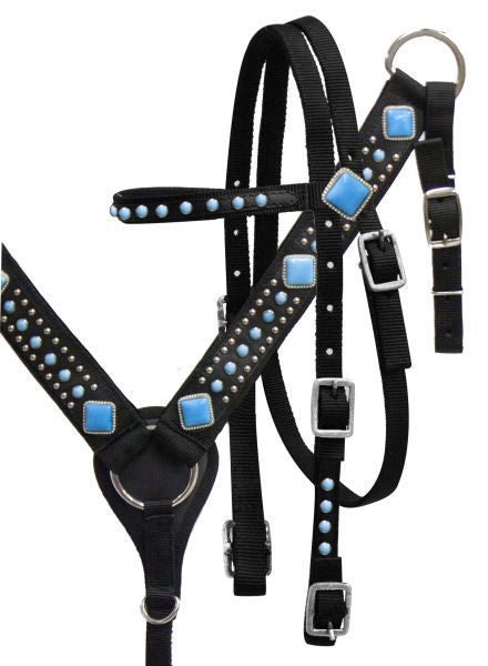 Showman ® Horse size nylon headstall and breast collar set with turquoise stone conchos SH13037