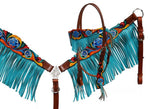 Showman ® Headstall and breast collar set with teal fringe and hand painted floral tooling