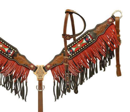 Showman ® Two toned fringe headstall and breast collar with beaded inlay