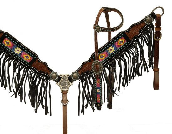 Showman ® Beaded headstall and breast collar with black fringe