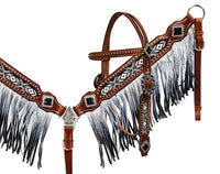 Showman® Black and white beaded headstall and breast collar with ombre fringe SH13528