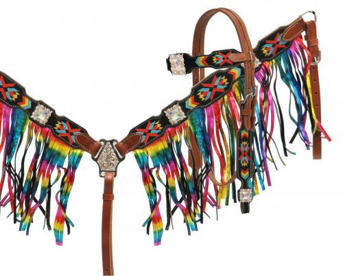 Showman ® Navajo embroidered headstall and breast collar set with Metallic rainbow fringe