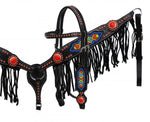 Showman ® Black leather headstall and breast collar set with multi colored beaded design