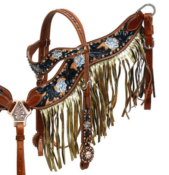 Showman ® Gold shimmer fringe headstall and breast collar set