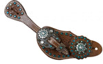 Showman ® LADIES SIZE Teal crystal rhinestone spur straps with floral tooling. SH8071