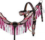 Showman ® hand painted feather headstall and breast collar set with pink leather fringe