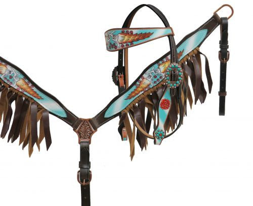Showman® Guns and Roses headstall and breast collar set with leather fringe SH85031